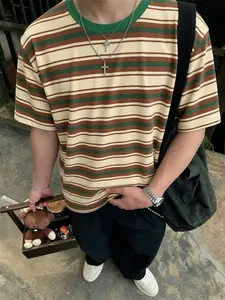 🍂  Retro 90s striped T-shirt - Brown green striped T-shirt, casual loose aesthetic top, suitable for daily wear and street style # Retro T-shirt # Striped T-shirt