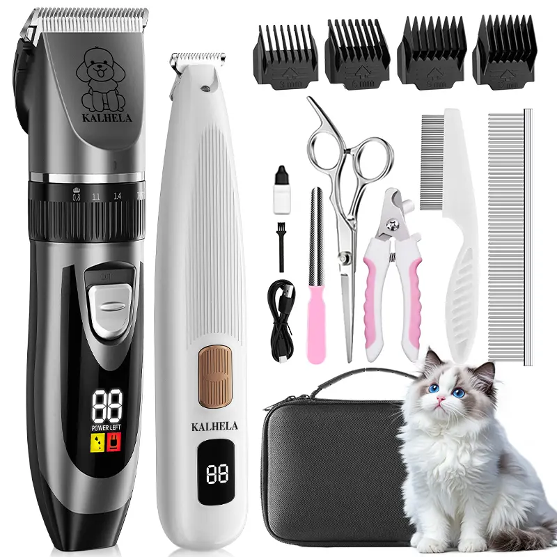 KALHELA Dog Clippers and Paw Trimmer Kit 2 in 1 Low Noise Cordless Grooming Set for Small & Large Dogs Cats with Versatile Trimming Tools