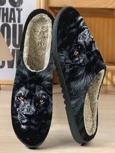 Dark Lion Theme Cotton Slippers, Deep Base with Detailed Mane, Golden Eyes, Soft Plush Lining, Casual Home Wear