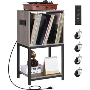 CD & DVD Racks,Magazine & Newspaper Holders,Record Player Stand with Charging Station and USB Ports 3 Tier Vinyl Record Storage with Dividers Wooden Turntable Stand with Record Storage Vinyl Record Display Stand Shelf, Grey