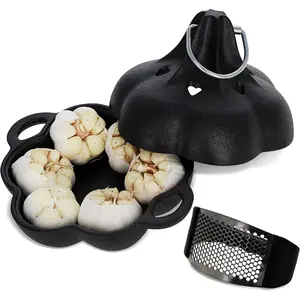 Potted Pans Garlic Roster, Pre-Seasoned Cast Iron Garlic Roaster and Garlic Press, Heavy Duty Garlic Roaster with Lid, Garlic Baker Garlic Cooker for Oven, Grill, Stove, BBQ