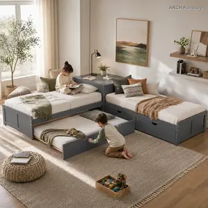 ARCH L-Shaped Twin Size Pine Wood Platform Bed with Built-In Desk, Linked Trundle and Drawers - Converts to 3 Beds (Old SKU: SM000916AAE-1), Twin Size Bed