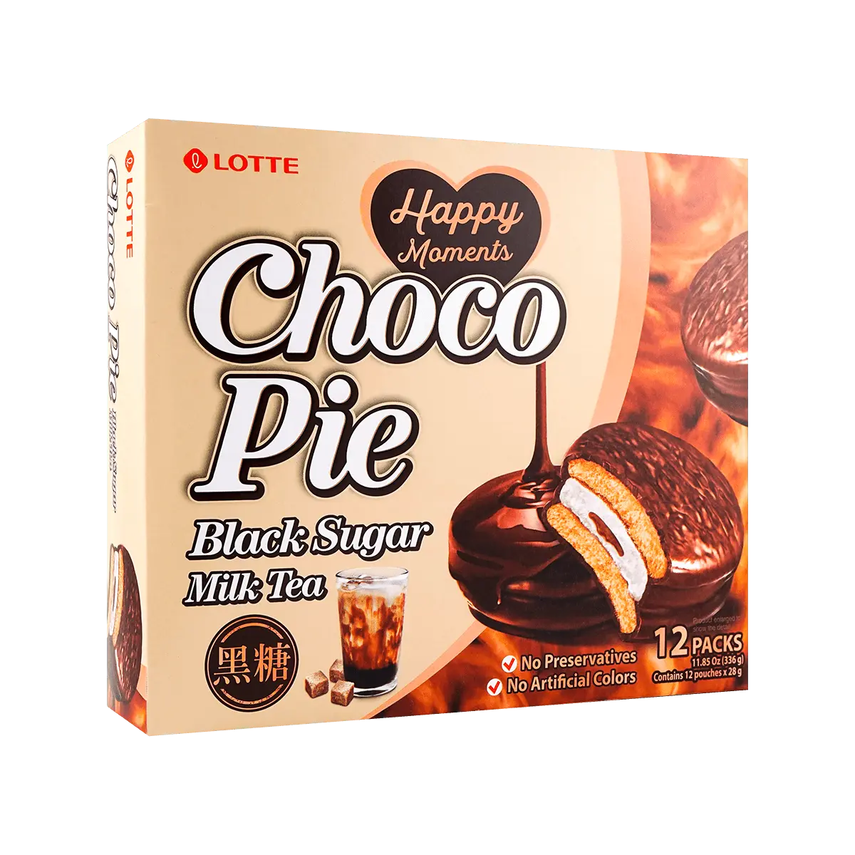 LOTTE Choco Pie Black Sugar Milk Tea Flavor - Korean Snack, Creamy Wafer Sandwich, 336g