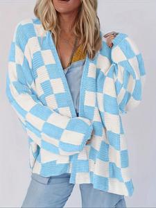 women's colorblock plaid loose-fit sweater cardigan, soft comfortable fashion knitwear, retro style long sleeve pullover coat