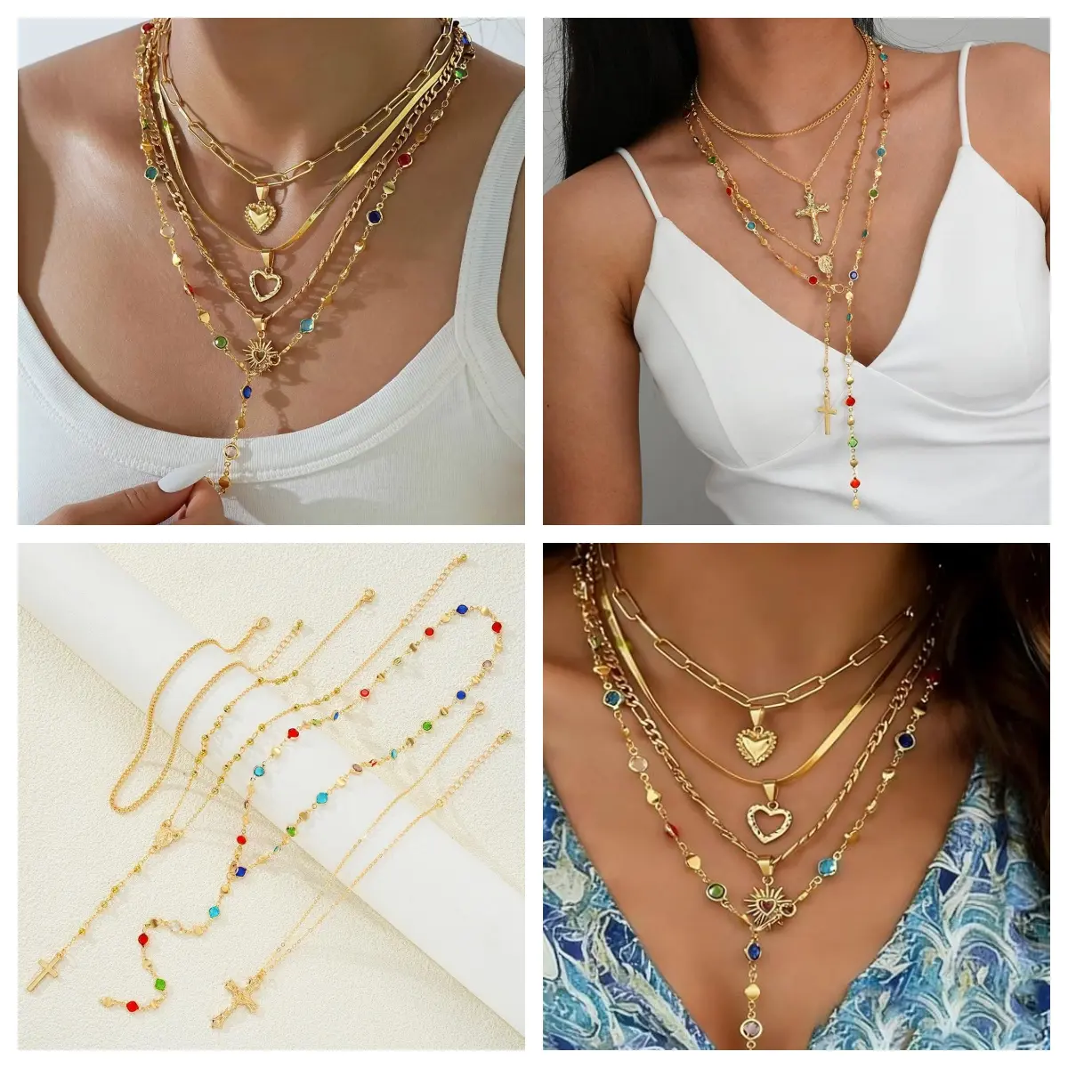 8Pcs Women Trendy Layered Stackable Necklaces, Multicolor Crystal Round & Heart Pendant Necklace Set, Summer Vacation Daily Fashion Jewelry