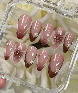 3D Flower Hand-Painted Press On Nails: Custom Gel Faux Acrylic Nails
