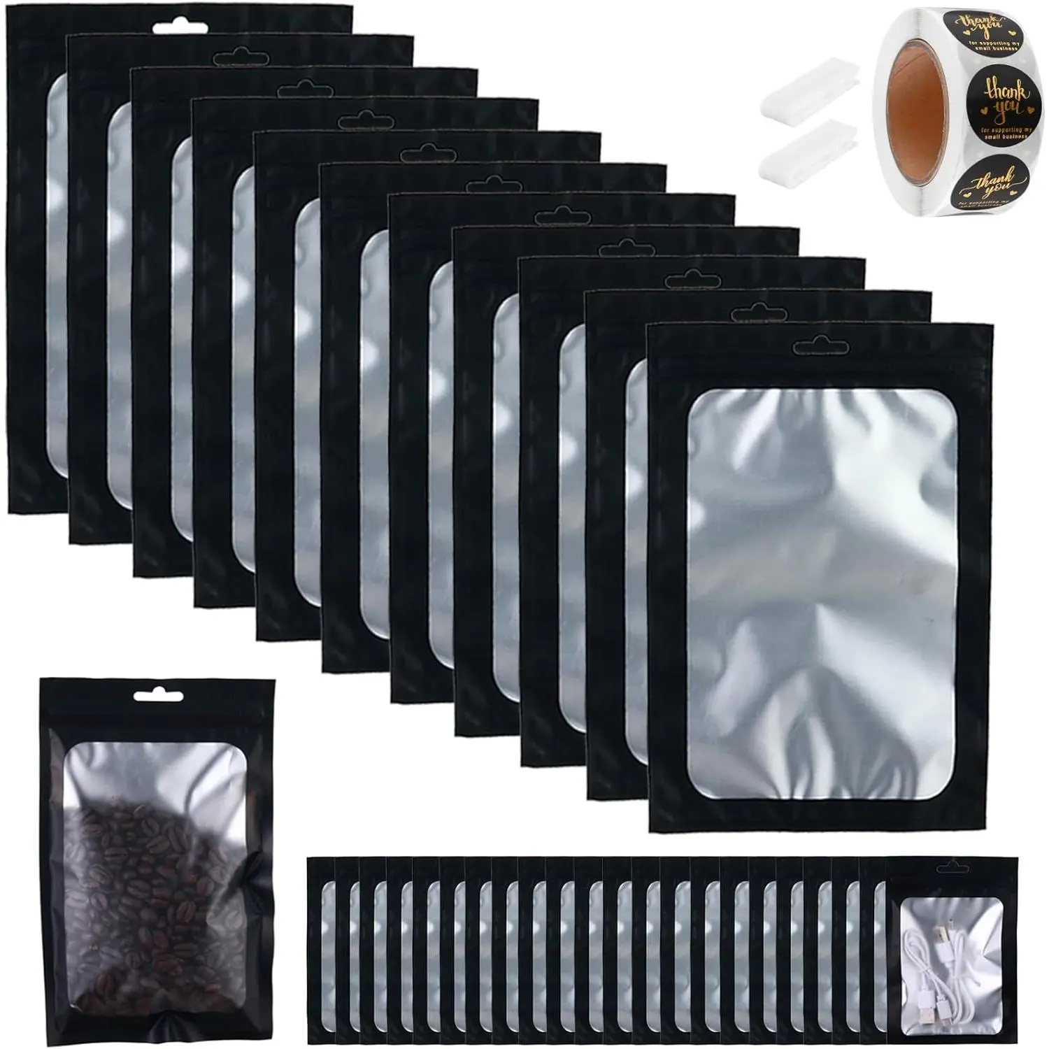 150-pack 5 x 8 in Black Mylar Bags with Clear Window Resealable Foil Pouches for  Storage Smell Proof Edible Packaging Zip Bag for Cookies,  and Small Business, Thank You Stickers
