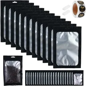 150-pack 5 x 8 in Black Mylar Bags with Clear Window Resealable Foil Pouches for  Storage Smell Proof Edible Packaging Zip Bag for Cookies,  and Small Business, Thank You Stickers