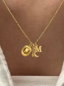 Women's Western Cowboy Hat Boot Initial Pendant Necklace, Letter Necklace, Personalized Initial Necklace, Fashion Vintage Stainless Steel Chain, All Seasons Jewelry