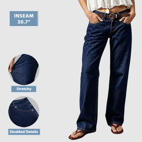 Flamingals Wash Studded Mid Waist Straight Leg Jeans Without Belt Womenswear Stretchy 30.7" Inseam