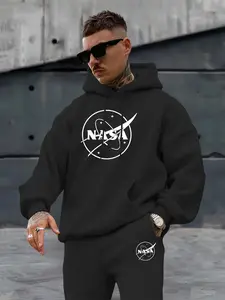 Men's Nasa Print Hooded Sweatshirt Set, Fall & Winter Fitted Casual Wear, Kangaroo Pocket Long Sleeve, Drawstring Pants, Perfect Gift