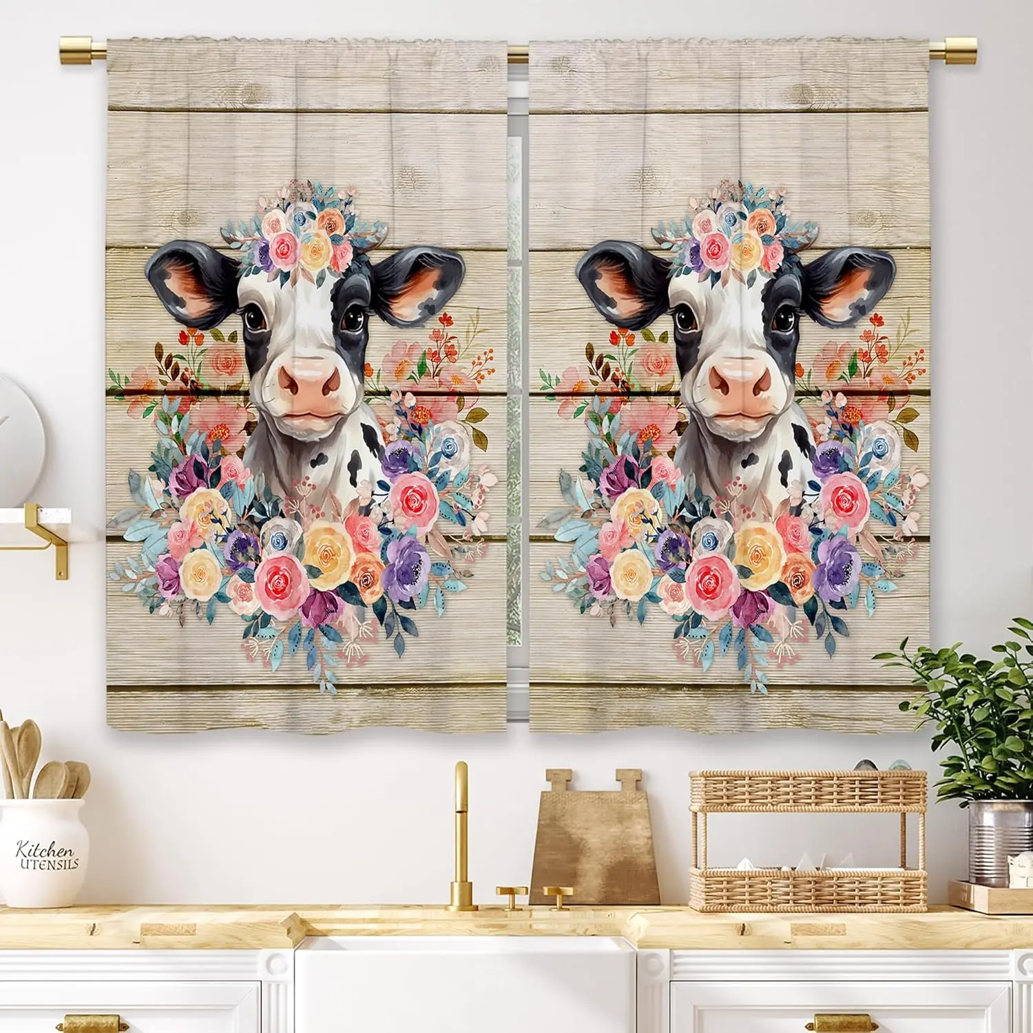 2-Panel Rod Pocket Tier Curtains, Farmhouse Highland Cow Vintage Floral Art Print 3D Wooden Flower Accents Curtains, 27.5x39in Short Cafe Bathroom Window Drapes, Country Kitchen Window Treatment, Vintage Floral Curtains, Art Print Curtains