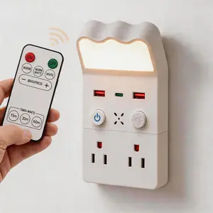 Remote Control Night Light Outlet Extender, Plug in Wall Night Light with USB C & USB Ports, 3 Color Modes, Dimmable Bedside Wall Lamp, Phone Holder, Timer Outlet Adapter for Bedroom, Bathroom, Kitchen