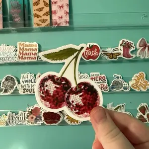 Red Cherry Disco Vinyl Waterproof Sticker, 2.5” by 3” | cherry sticker for water bottles, disco sticker, red cherries sticker