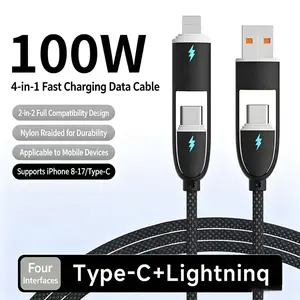 NEW Little Baby 2-in-2 Braided 100W Indicator 4-in-1 Charging Cable, suitable for USB-C and iOS devices; USB-A/C to C/Lightning cable, multifunctional data cable, compatible with iPhone and Android phones; high-speed charging accessory