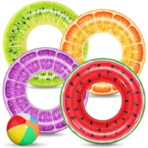 Inflatable Pool Toys Floats For Swimming Party Lake Beach Adults - 4 Pack Floaties Tubes Swim Rings Fruit Water Floaty Watermelon Kiwi Orange Grape