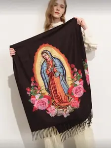 Women's New Multicolor Virgin Mary Pattern Imitation Wool Scarf, Versatile Fashion Warm Shawl Wrap, Soft Warm Shawl, Stylish and Cozy Accessories