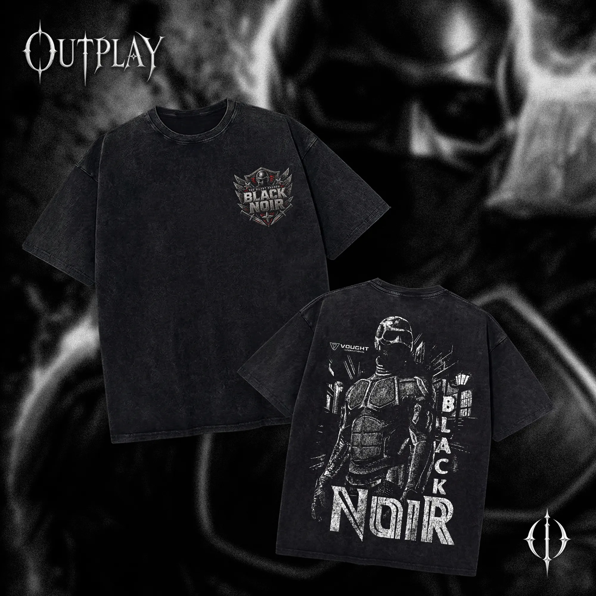 [OUTPLAY] Black Noir Washed T-Shirt, The Boys Silent Masked Supe Vintage Graphic Tee, Dark Superhero Streetwear Shirt, Men’s Cotton DTG Print Tee