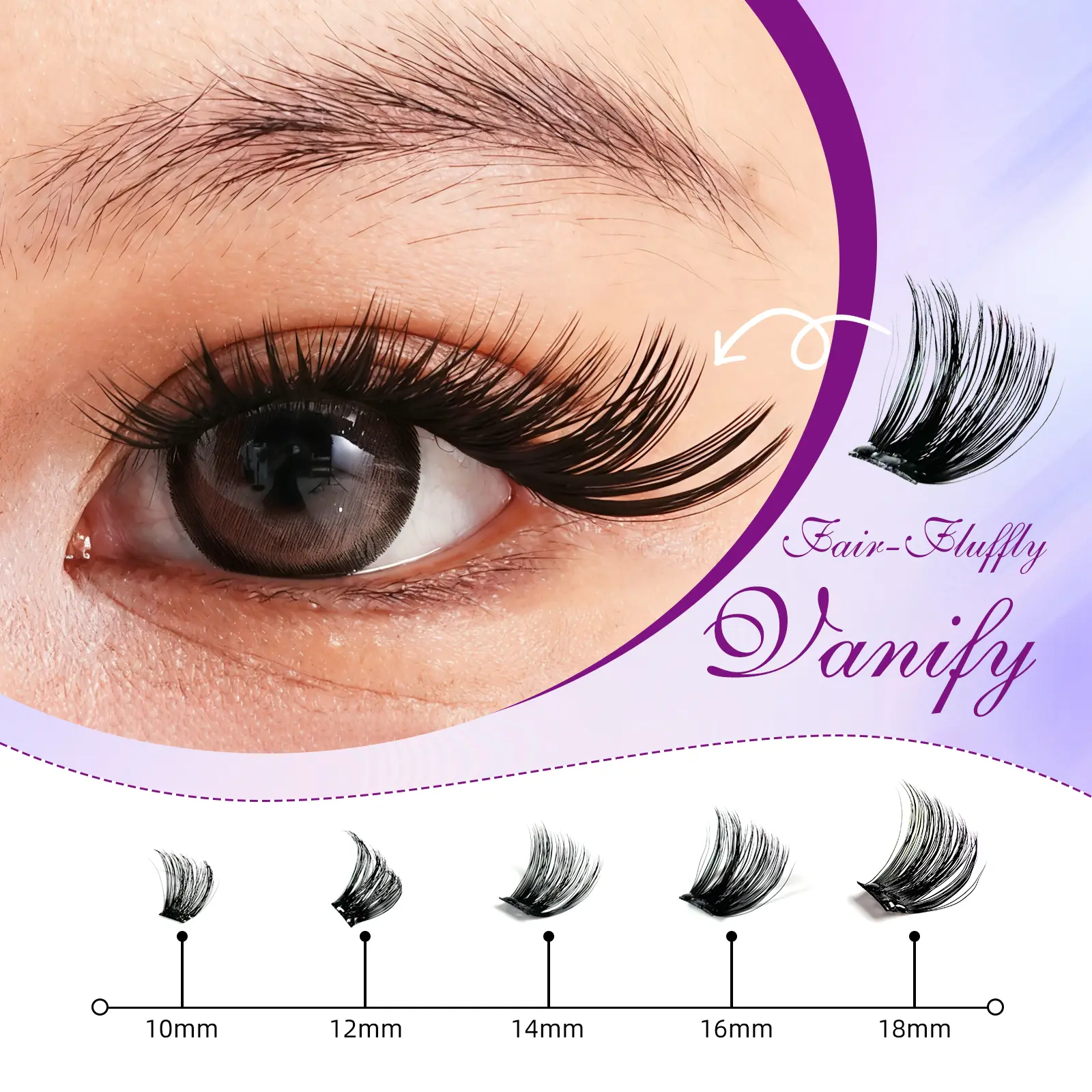 Vanity Fair Fluffy Eyelash Cluster Kit, 10-18mm Self-Adhesive Dense Synthetic Cosmetic False Lashes, Waterproof Lightweight Nature-Infused Press-Ons for Anyone Struggling with Traditional Strip Lashes (Daily Use)