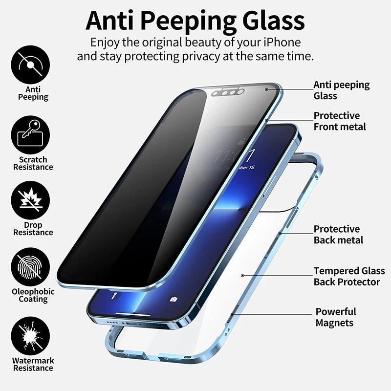 Magnetic Tempered Glass Privacy Phone Case For iphone 11 12 13 14 15 16 17 Pro Max X XR XS Max 360° Magnet Antispy Protect Cover