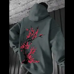 Unisex Floral Print Drop Shoulder Hoodie, Fashion Casual Regular Fit Drawstring Pocket Hooded Sweatshirt for Daily Holiday Outdoor Wear, Men Clothes for Fall & Winter, Graphic Print Hoodie