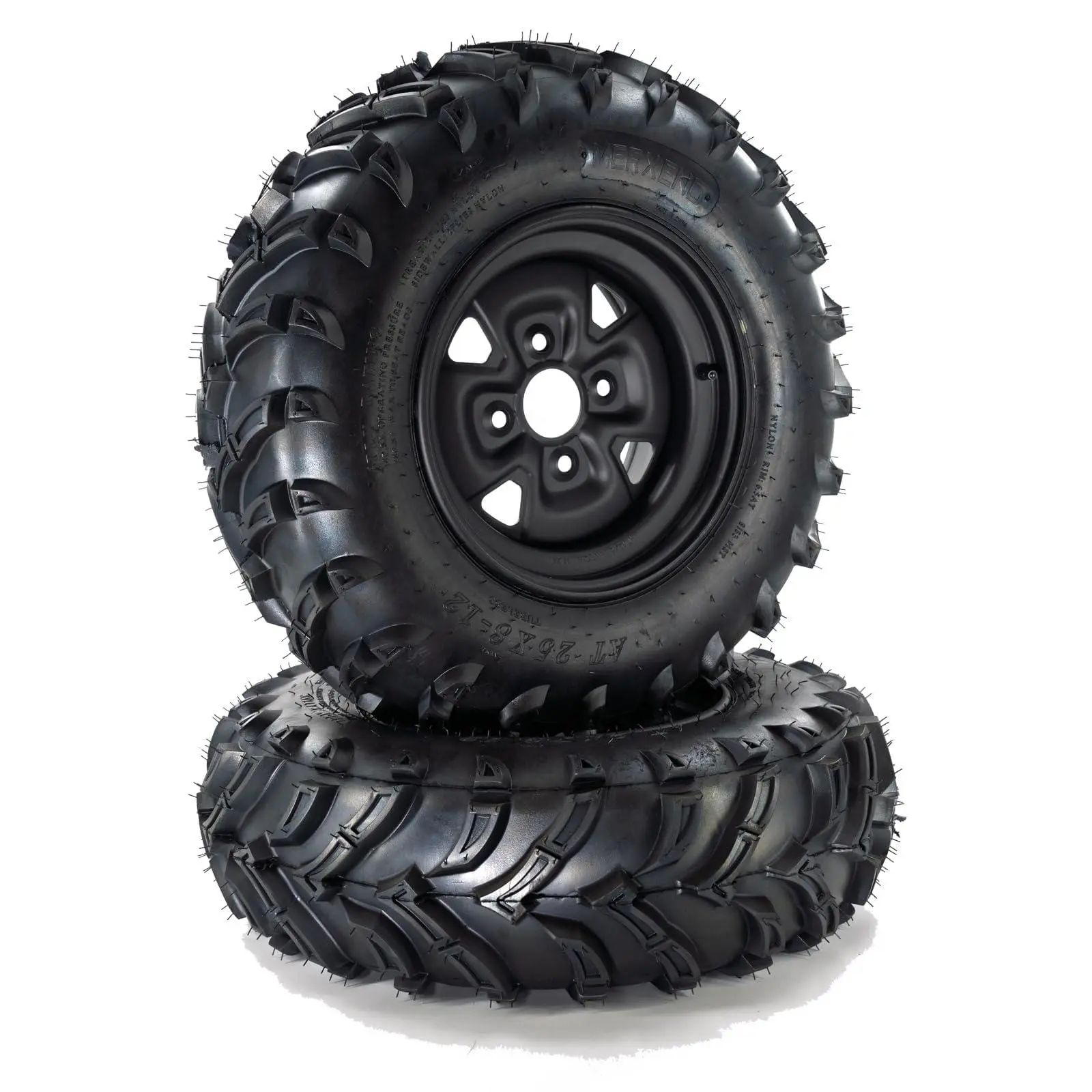 Set Of 2 25x10-12 ATV Tires 6PR Rims PCD 136 * 4 ET:3.5+2.5 - Durable 6-Ply Rubber & Nylon, 4-Lug Steel Rims, Thick Lug Tread, Predictable Traction, and All-Terrain Performance