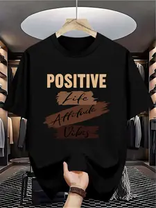 Men's Positive Energy T-- Black Casual Summer Short Sleeve, Inspirational Design, Soft Fabric, Round Neck, Machine Washable