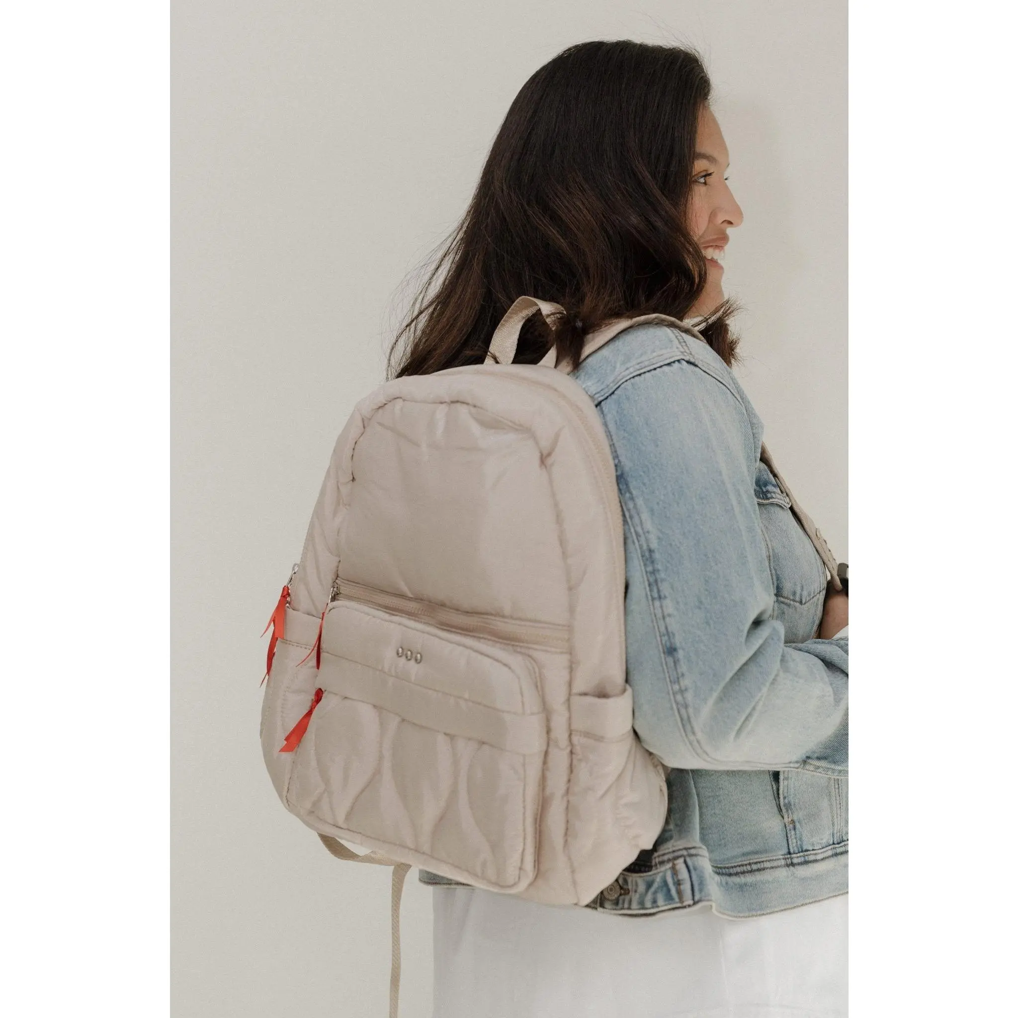 Women's Quilted Nylon Functional Puffer Backpack - Casual Lightweight Book Bag with Organized Design, Functional Zipper, Sand Color, Casual Lightweight Backpack
