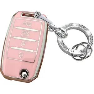 For Kia Key Fob Cover Case TPU Key Fob Shell Fit for Kia Rio Optima Soul Sportage Sorento Carens (Silver-Pink)