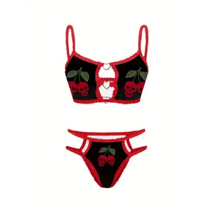 Sexy Skull & Cherry Print Lingerie Set for Women - Includes Bra and Thong, Breathable Polyester Blend, Machine Washable
