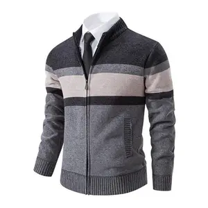 Men's Patchwork Print Pocket Zip Up Knitting Jacket, Regular Fit Casual Long Sleeve Mock Neck Outerwear for Fall & Winter, Men's Clothes for Daily Wear