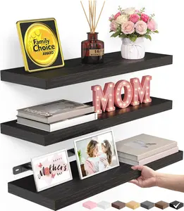 Floating Shelves for Wall, Wall Mounted Rustic Wood Shelves for Bathroom, Bedroom, Living Room, Kitchen, Hanging Shelf for Books/Storage/Room Decor with 22lbs Capacity (Black, Set of 3, 15.7in)