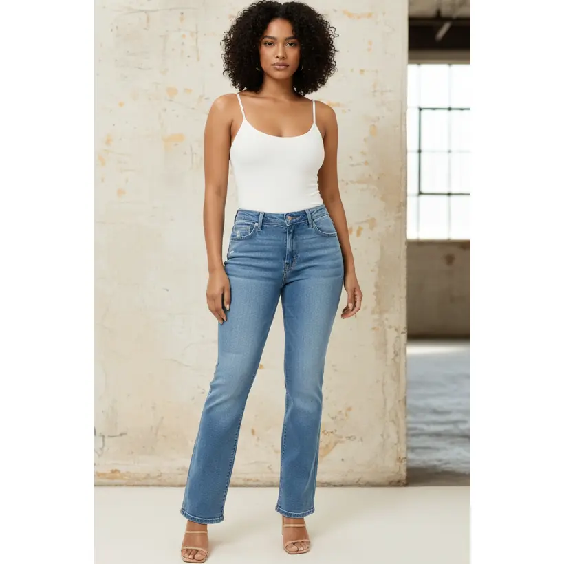 Judy Blue Daisy Mid Rise Bootcut Jeans for Women - Lightly Distressed Stretch Spandex Denim for Everyday Style, Vibe, Fabric, Cotton, Bottom, Fit, Loose, Med Denim, Pants, Pockets, Jean Pants, Bootcut Cut, Distressed Hem, Basic, Lady, Tee, Dad Fit, Cotton