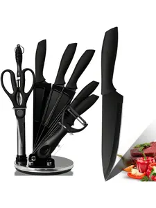 9 Pieces Knife Set, High Carbon Stainless Steel Black Color Kitchen Knife Set, Titanium Coating Blade, Chef Knife,Cutlery Knife Set With Acrylic Stand And Kitchen Scissors