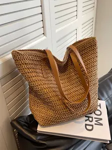 Large Straw Beach Bag for Women - Handmade Woven Tote Bag for Summer Vacation - Boho Shoulder Bag with Zipper & Polyester Lining for Travel & Pool
