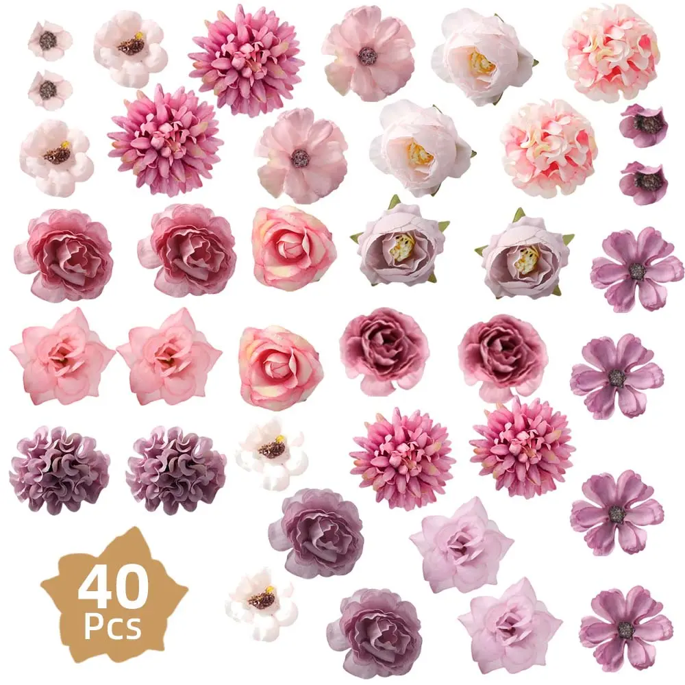 A Set of 40 Artificial Flower Heads Suitable for Wedding Decorations, Home Crafts, Scrapbook Embellishments, And Faux Floral Arrangements