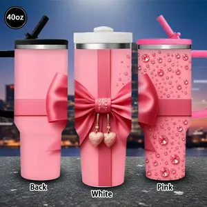 1 pc 40 oz pink bow and crystals tumbler with lid and straw, winter insulated travel mug, gift for women and men, ideal for Valentine’s Day, Easter, birthday gifts, iced/hot coffee cup