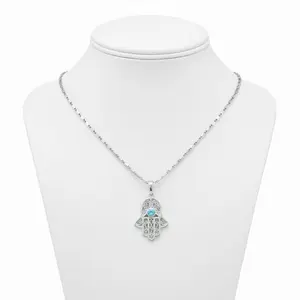 Hamsa Hand Necklace with Blue Stone and Silver Chain