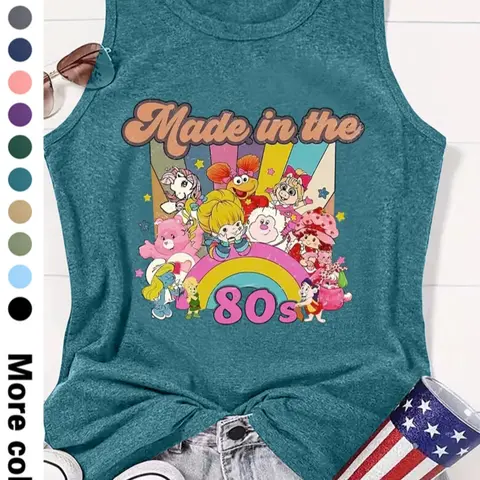 Fashion Casual Cartoon Letter Print Round Neck Sleeveless Vest for Women, Comfortable Soft Fabric, All Seasons Fitted Top