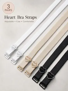 3 Pairs/set Heart-Shaped Buckle Underwear Shoulder Straps, Elastic Cloth Straps, Replaceable Bra Straps, Adjustable Anti-Slip Straps Lingerie