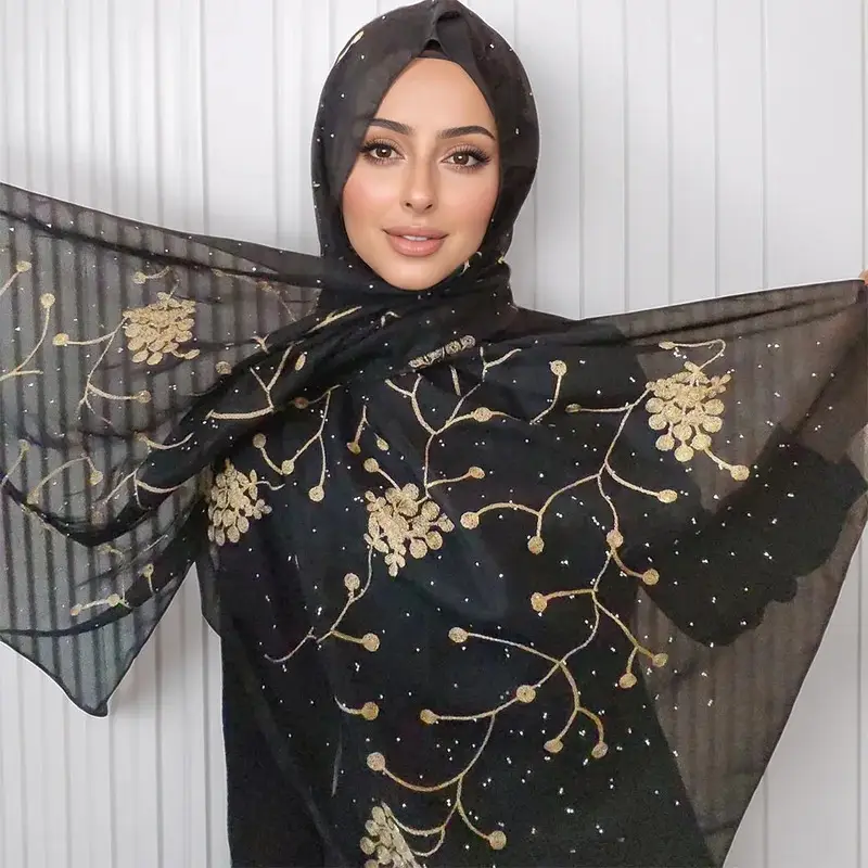 Women Muslim Chiffon Hijabs Scarf For Women Embroidered Rhinestone Decoration Wrapped Scarf Female Long Muslim Headscarf Turban
