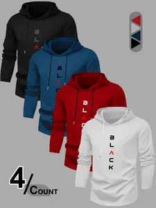 Men's Letter Print Hooded Long Sleeve T-Shirt Set, Fall & Winter Casual Outdoor Wear, Fitted H-Type, 4 Piece Pack