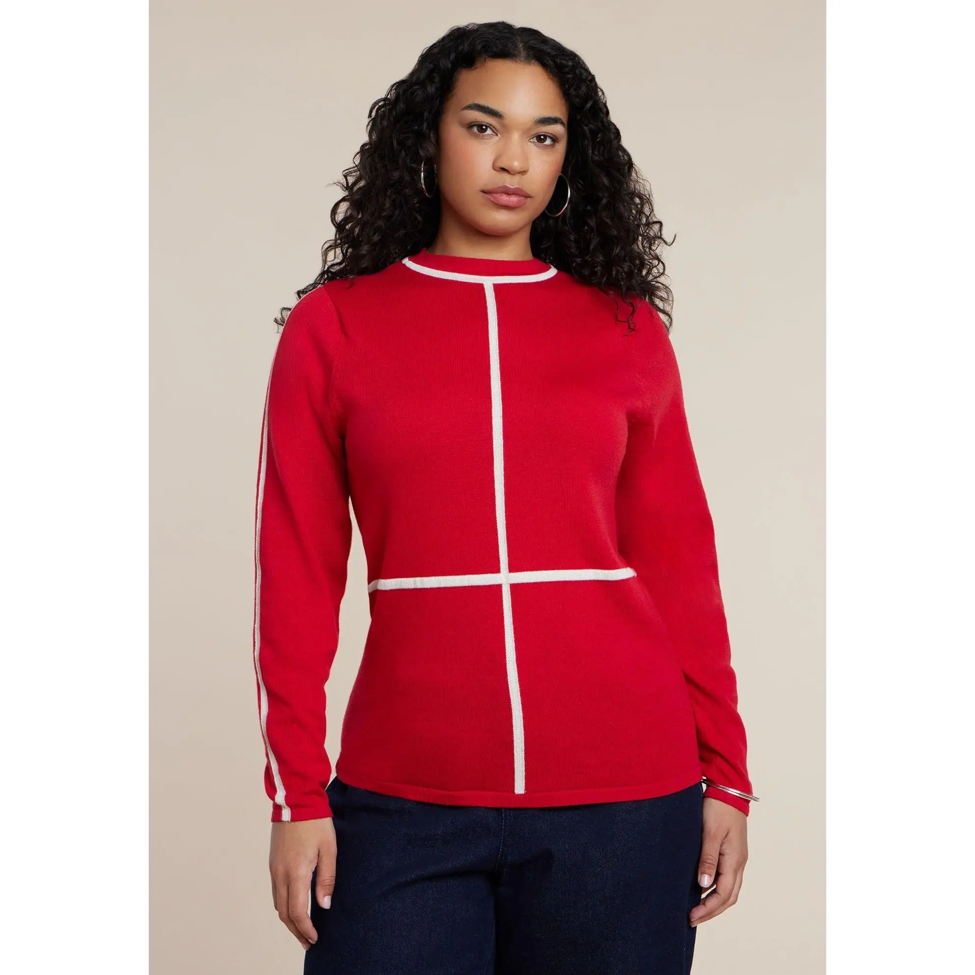 ELOQUII Women's Plus Size Contrast Line Detail Turtleneck Sweater