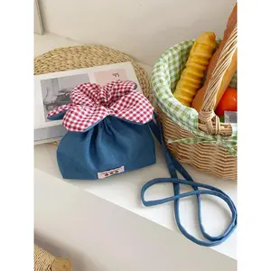 Retro Denim Women's Flower Phone Pouch Crossbody Bags Cute Plaid Plush Female Bucket Shoulder Bag Girls Clutch Storage Handbags