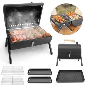 Small Portable Indoor/Outdoor Grill for Frying and Barbecuing, Mini Black Tabletop Outdoor BBQ Smoker, Suitable for Camping, Picnic, Backyard, Patio