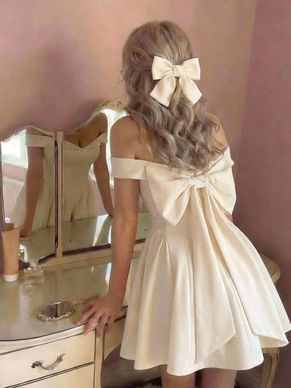 Women's Elegant Off Shoulder Bow Tie Mini Dress, Cream White Vintage Cottagecore Dress, Formal Wedding Guest Outfit, Graduation Party, Summer Cocktail Dress