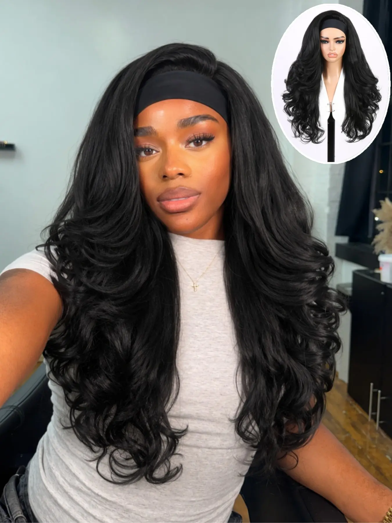 Yaki Wavy Headband Wig for Women, 26 Inches Synthetic Curly Hair, Glueless Wear and Go, Natural, Long Wavy Half Wig, Synthetic Fiber Wig, No Glue Wig, Headband Style Wig
