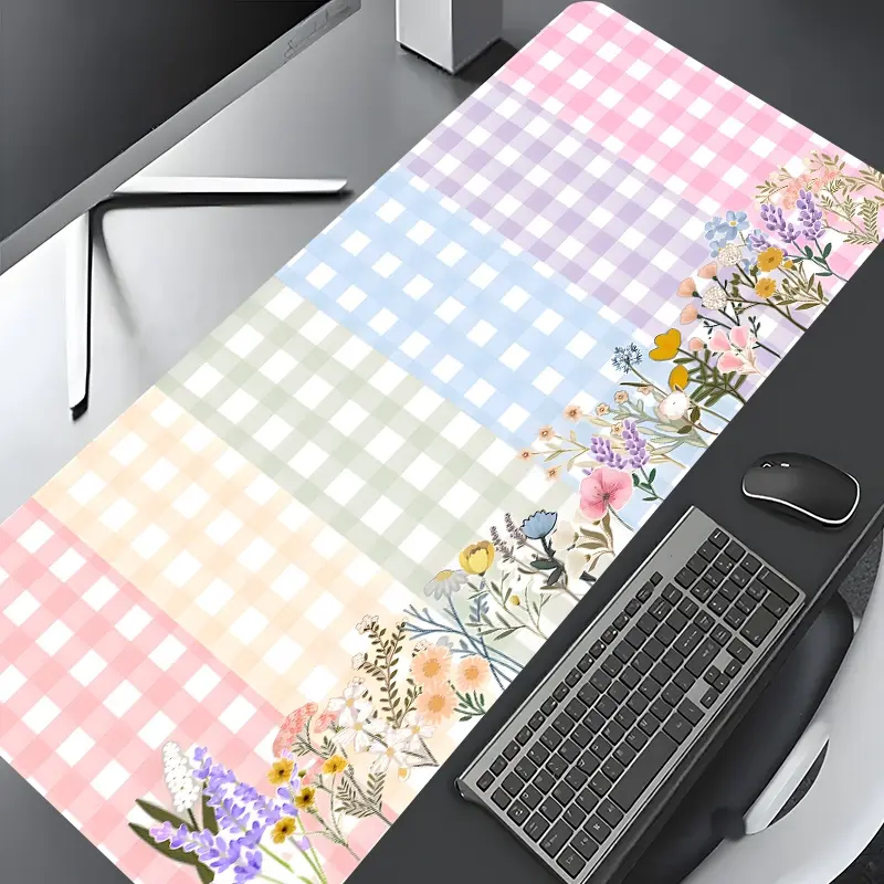 Pastel Checkered Rainbow Floral Large Gaming Mouse Pad,Aesthetic Desktop Drotection Pad,Cute Desk Accessories,Washable Rubber Pad Non-Slip Lock Edge Multi-Size Mouse Pad Suitable For Home Office,Good Gift for Family and friends