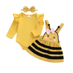 YSHWHWTS 3PCS Baby Girls Skirt Sets Long Sleeve O Neck Romper Bee Suspender Skirt Headband Sets Halloween Costume Baby Clothing