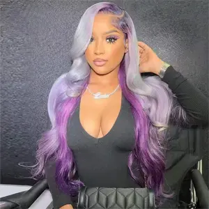Lace Front Wig Ombre Purple With Silver Grey Body Wave Glueless Wig Human Hair 613 Lace Frontal Human Hair Wigs